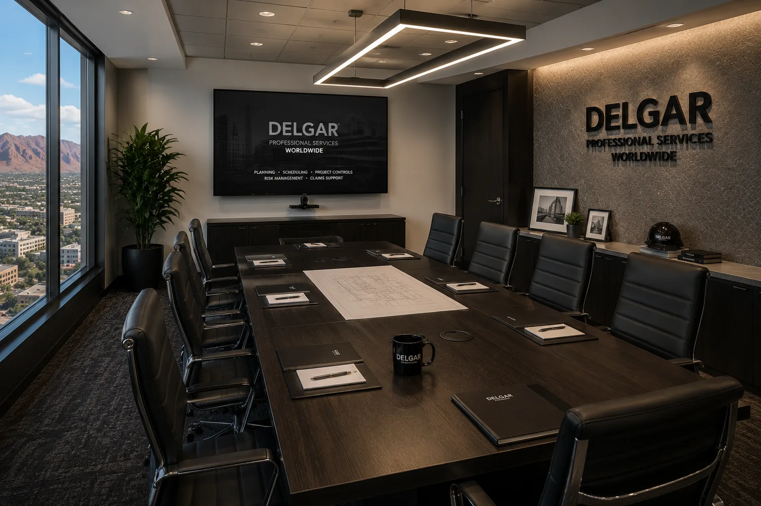 Empty Delgar branded boardroom prepared for a working session