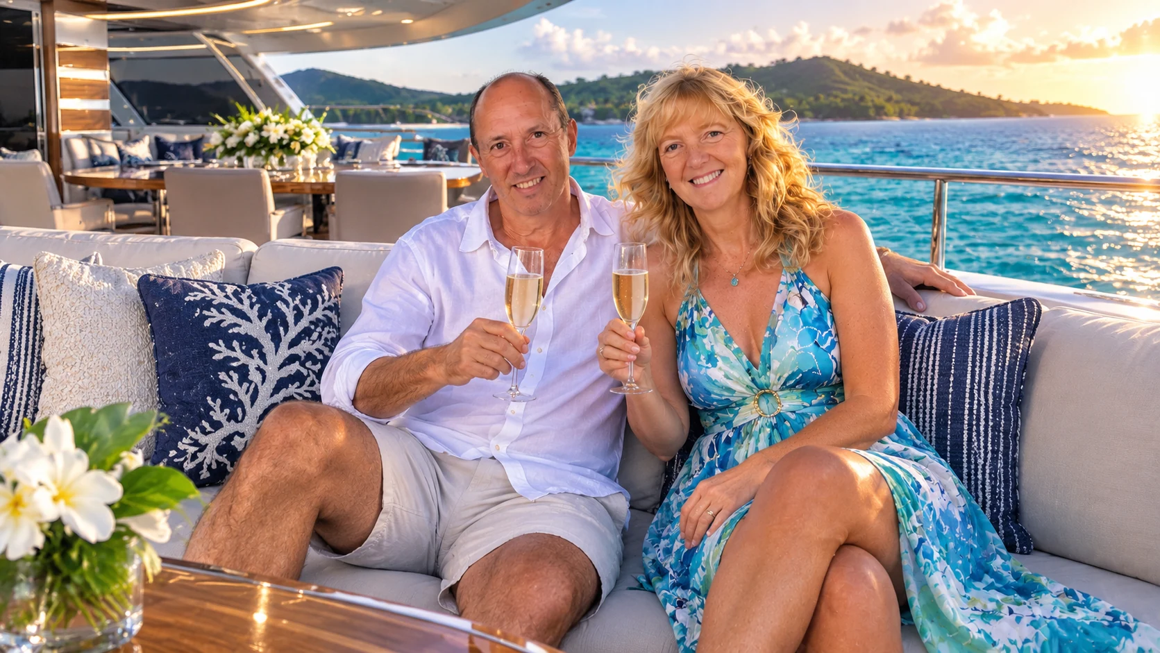 Gary and Delene Dorman together on a yacht at sunset